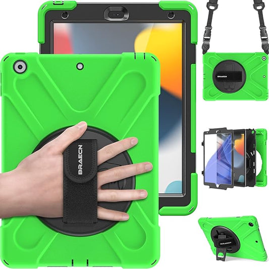 BRAECN for iPad 9th/8th/7th Generation Case, iPad 10.2 inch Heavy Duty Rugged Case with Built in Screen Protector, Hand Strap, Swiveling Stand/Shoulder Straps for iPad 10.2 2021/2021/2019-Green