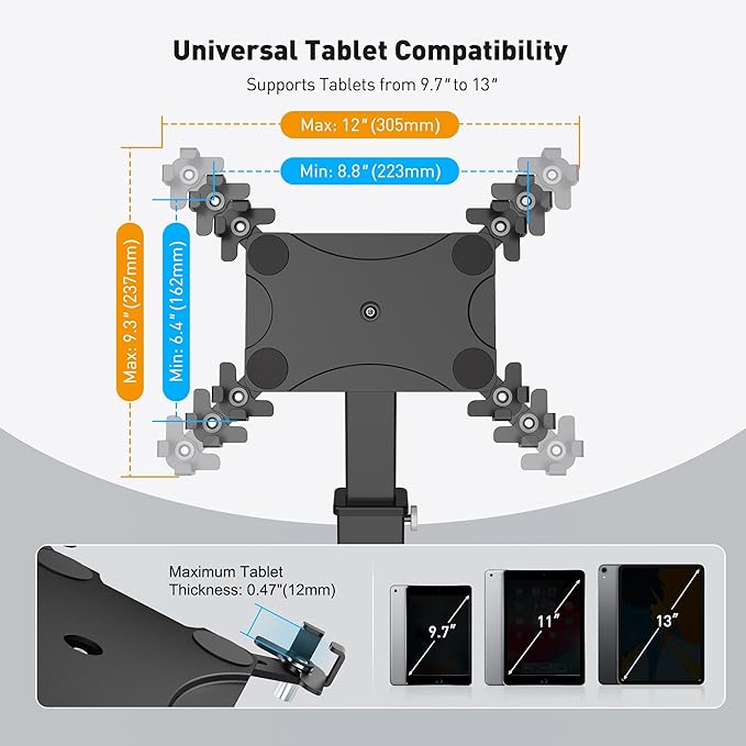 AboveTEK iPad Desk Grommet Mount, Adjustable Tablet Desk Mount with 360° Rotation & 180° Tilt, Fits 9.7"-13" Tablets, Anti-Theft iPad Stand, Heavy-Duty Aluminum Tablet Stand, Perfect for Work (Black)