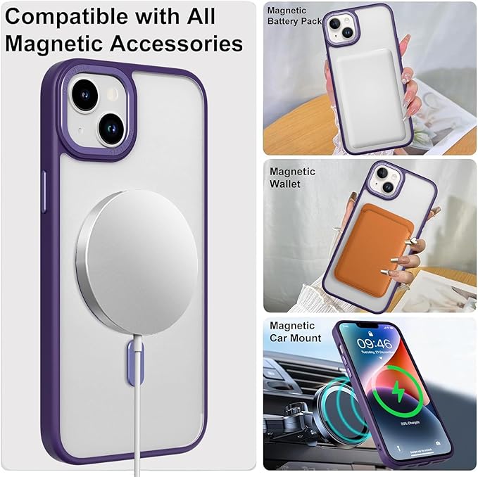 ZIYE Magnetic Case for iPhone 14 Plus Case with Stand [Compatible with MagSafe] Slim Shockproof Military Grade Heavy Duty Cover with 360 Rotatable Ring Kickstand for Women Men, Translucent Purple