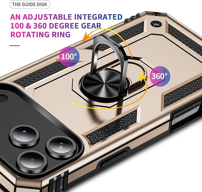 ADDIT Compatible with iPhone 17 Pro Case with Tempered Glass Screen Protector, Adjustable Kickstand Ring, Military-Grade Heavy Duty Protection, Shockproof, Anti-Fingerprint,Gold