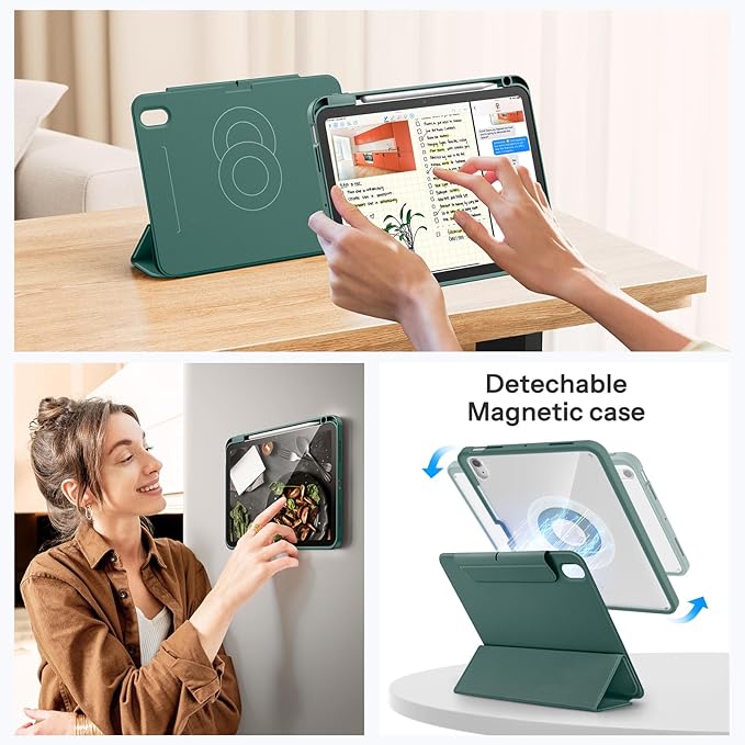 SPARIN Case for iPad A16 11th/10th Generation 2025/2022 (11"/10.9") with Pencil Holder, Magnetic Detachable Hybrid Stand, Portrait/Landscape Angle, Auto Wake/Sleep-Midnight Green