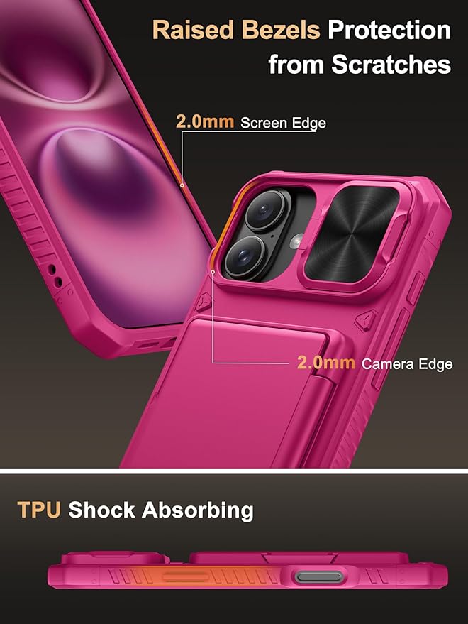 Vihibii for iPhone 16 Plus Case Wallet with Card Holder (4 Cards) [RFID Blocking] & Slide Camera Cover & Raised Edges Protect Screen, Shockproof Rugged Phone Case for iPhone 16 Plus 6.7", Pink