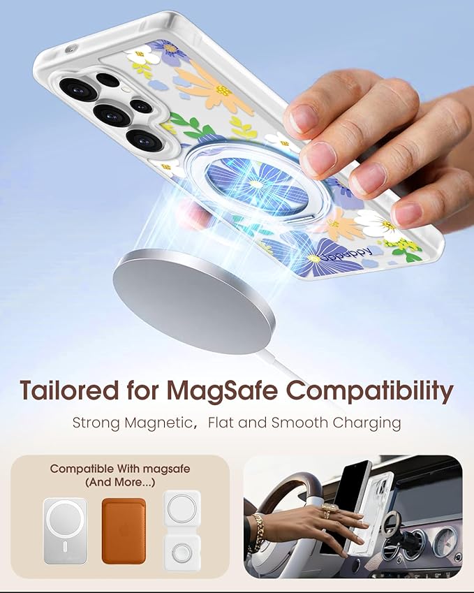 for Samsung Galaxy S25 Ultra Case with 360° Rotatable Magnetic Ring - Compatible with MagSafe, Semi-Transparent Soft-Touch Material Shockproof, Cute Purple Flower Design for Women Girl