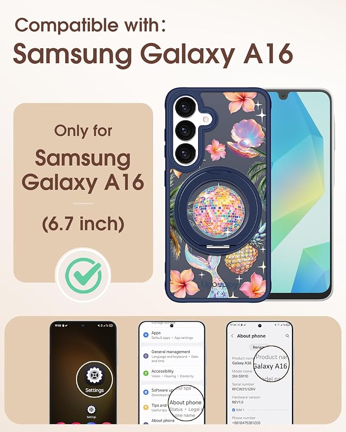 for Samsung Galaxy A16 4G/5G Case with 360° Rotatable Magnetic Ring - Semi-Transparent Anti-Fingerprint Soft-Touch Material Shockproof, Cute Y2K Design for Women Girl