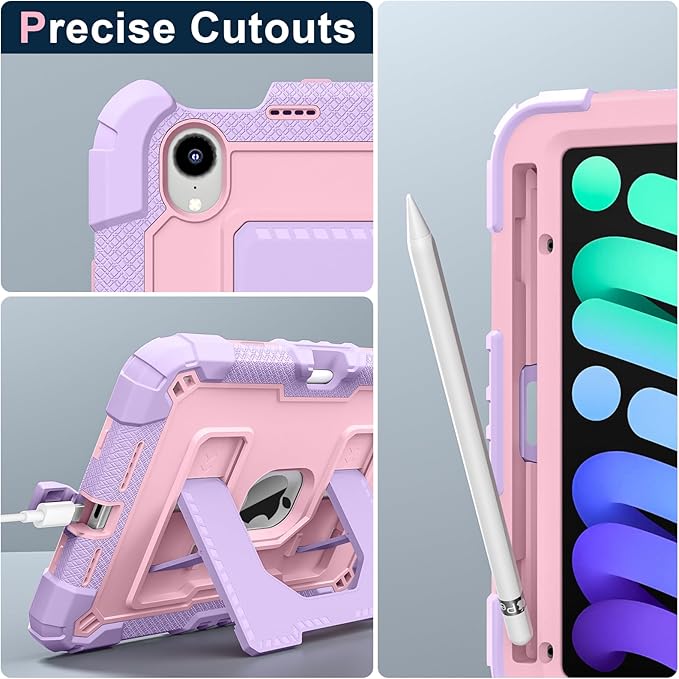 DreamerX for iPad mini 7 (A17 Pro) 2024 / Mini 6 2021 8.3 Inch Case, Rugged Shockproof Child Protective Cover with Stand Shoulder Strap Pencil Holder for Kids Girls Boys iPad mini 7th/6th Gen, Purple