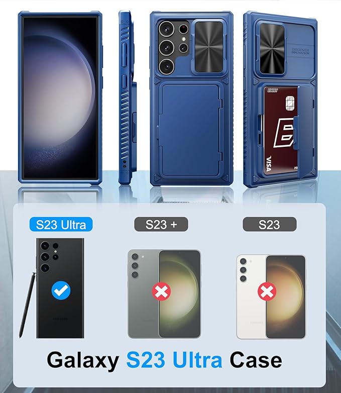 for Samsung Galaxy S23 Ultra Case with Card Holder (Store 4-5 Cards), Slide Lens Cover & Stand, Military Grade Protection, Heavy Duty Shockproof Wallet Phone Case for Galaxy S23 Ultra, Blue