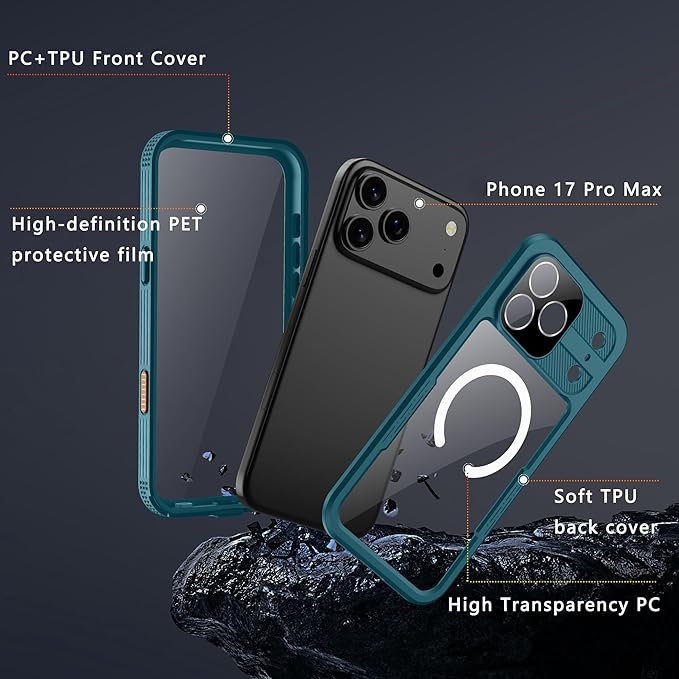 GOLDJU Magnetic for iPhone 17 Pro Max Case-Waterproof, Built-in Screen & Camera Protector-IP68 Underwater Full Body 16FT Military Dropproof Shockproof Case for 17 Pro Max 6.9''- Blue