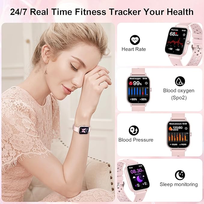 Smart Watch for Women Men (Answer/Make Calls) 1.83" HD Smartwatch Compatible Android iOS Phones with Fitness Running Step Counter/Heart Rate/Sleep, 120+ Sports Modes IP68 Waterproof, Pink/3 Bands