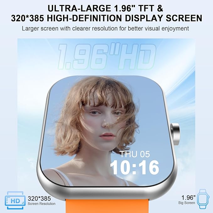 Smart Watch (Answer/Make Calls), 1.96"HD Smartwatch for Men Women 113+ Sport, 2025 Fitness Activity Tracker with Heart Rate Monitor, Sleep Trackers, Pedometer, IP68 Waterproof for Android iOS Orange