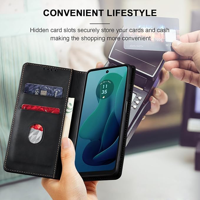 Jasonyu Flip Wallet Case for Moto G 5G (2024),Leather Magnetic Folio Cover with Card Holder,Kickstand - TPU Shockproof Durable Protective Phone Case,Black