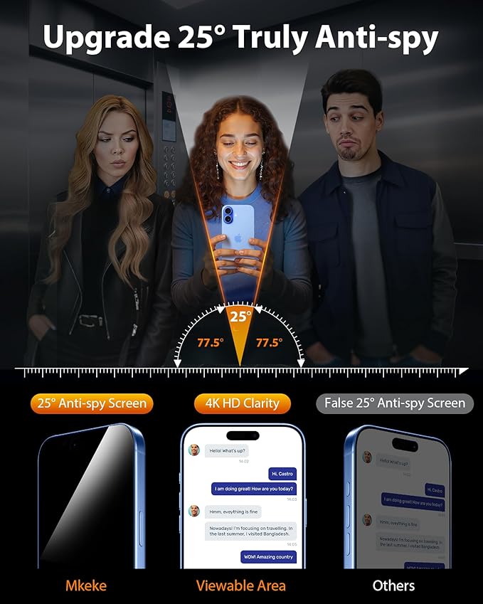 Mkeke for iPhone 17 Privacy Screen Protector 3 Pack, 25° Anti Spy & Auto Installation Privacy Screen Protector 9H+ Hardness Full Edge Coverage Tempered Glass for iPhone 17 6.3 inch 2025