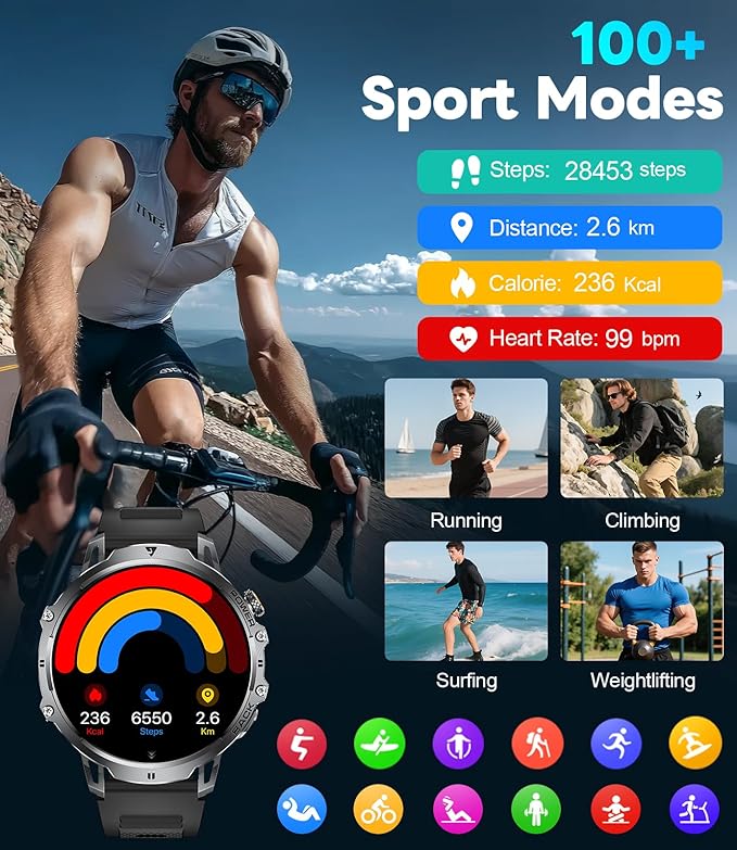 LIGE Smart Watch for Men Answer/Make Call for Android iOS, 1000mAh Battery/Flashlight, 1.85'' HD Military Smartwatch with 100+ Sports Modes, Heart Rate Sleep Monitor, IP68 Waterproof Fitness Tracker