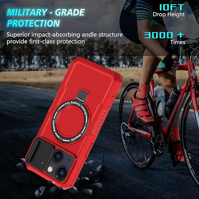 for iPhone 13 Case/for iPhone 14 Case Magnetic Compatible with MagSafe Wireless Charging,with 2 Screen Protectors,with Kickstand,with Camera Cover Shock-Absorbent Heavy Duty Protection Red