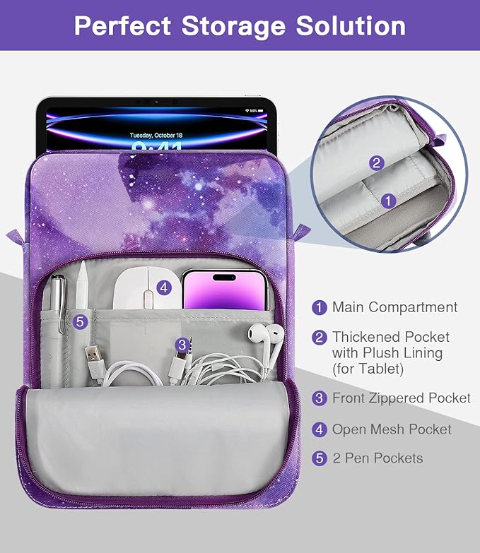 MoKo 12.9 Inch Tablet Sleeve Bag, Fits with 13 Inch New iPad Pro M4 & Air M2 2024, iPad Pro 12.9 M2&M1, Galaxy Tab S8+/S9+ 12.4, Handle Carrying Case with Shoulder Strap, Purple Starry Sky