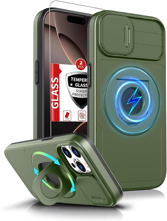 for iPhone 16 Pro Case Magnetic Compatible with MagSafe Wireless Charging with 2Screen Protectors,Case Built-in Kickstand Ring Camera Heavy Duty Protection Military Grade Drop Shockproof Green
