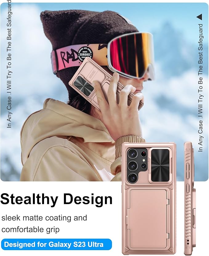 for Samsung Galaxy S23 Ultra Case with Card Holder (Store 4-5 Cards), Slide Lens Cover & Stand, Military Grade Drop Protection, Shockproof Wallet Phone Case for Galaxy S23 Ultra, Rose Gold