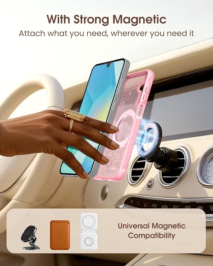 for Samsung Galaxy A16 4G/5G Case with 360° Rotatable Magnetic Ring - Semi-Transparent Anti-Fingerprint Soft-Touch Material Shockproof, Cute Pink Castle Design for Women Girl