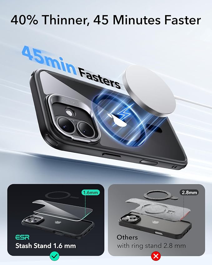 ESR for iPhone 16 Plus Case, Compatible with, Military-Grade Protective Case, Built-in Stash Stand Phone Case, Scratch-Resistant Back Cover, Classic Series, Clear Black