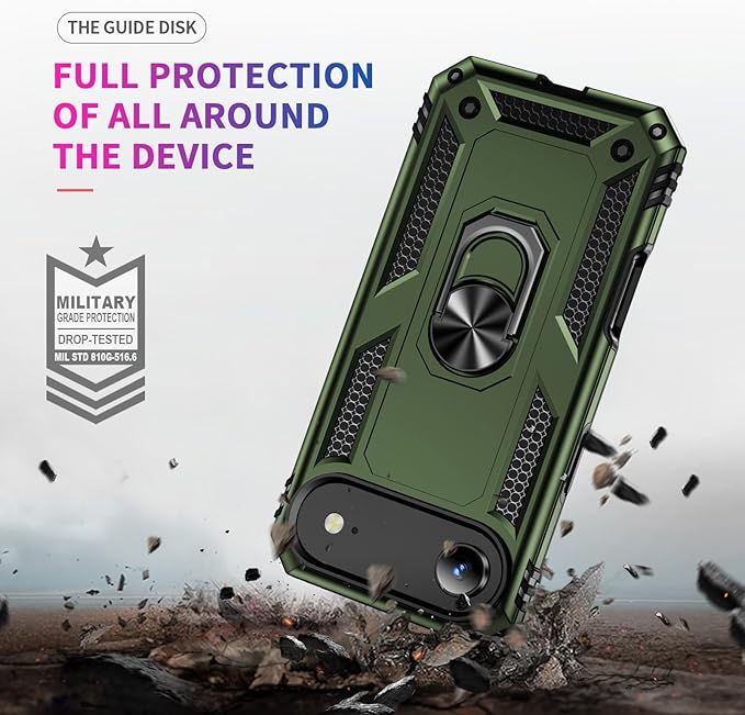 ADDIT Compatible with iPhone 17 Air Case with Tempered Glass Screen Protector, Adjustable Kickstand Ring, Military-Grade Heavy Duty Protection, Shockproof, Anti-Fingerprint,ArmyGreen