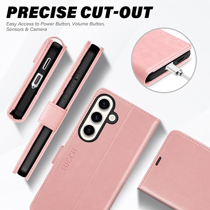 TUCCH Wallet Case for Galaxy S25, Magnetic PU Leather Stand [RFID Blocking] Credit Card Holder Flip Cover with [TPU Shockproof Interior Case] Compatible with Galaxy S25 6.2" 2025, Rose Gold