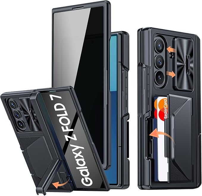for Samsung Galaxy Z Fold 7 Case with Card Holder RFID Blocking & Privacy Screen Protector & Slide Lens Cover & Hinge Protection & Kickstand, Shockproof Wallet Case for Z Fold 7 (Black)