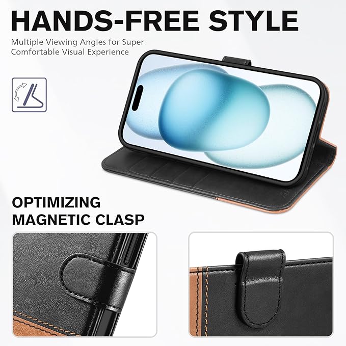 TUCCH Wallet Case for iPhone 15 5G, [RFID Blocking] 4 Card Slot Holder Kickstand [Shockproof TPU Interior Case], PU Leather Magnetic Flip Cover Compatible with iPhone 15 6.1" 2023, Black & Brown