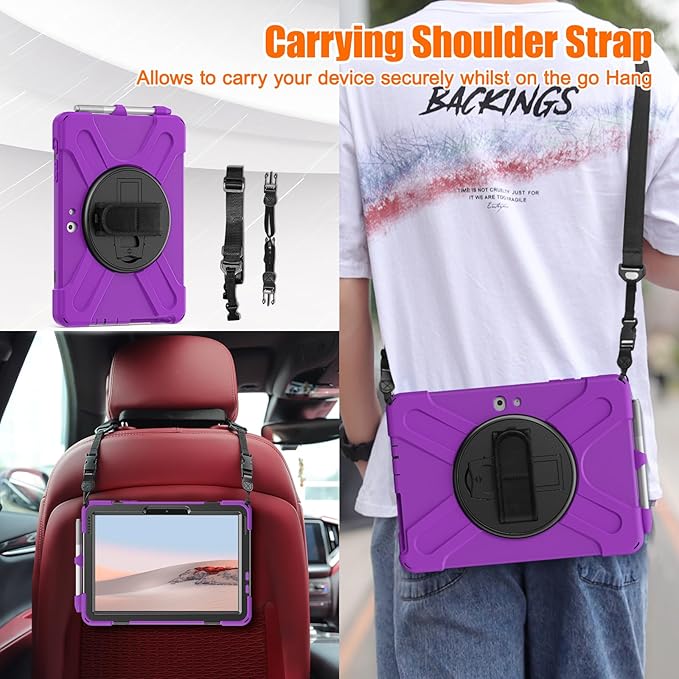 ZenRich Rugged Case for Surface Go 4 (2023)/Surface Go 3 (2021)/ Surface Go 2 (2020), Surface Go (2018) with Pen Holder Heavy Duty Shockproof Case with Stand Hand Strap and Shoulder Belt-Purple