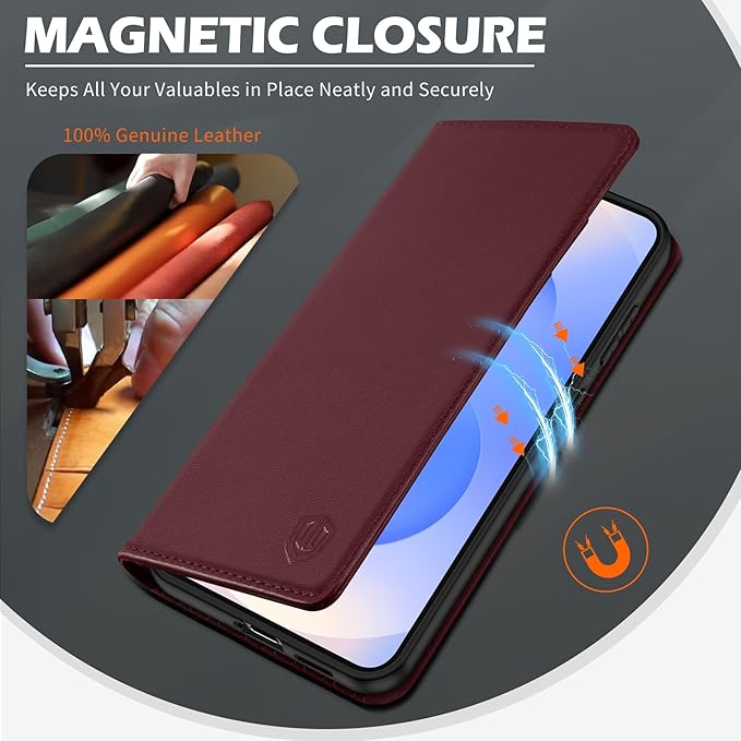 SHIELDON Wallet Case for Galaxy S25 FE 6.7" 2025, Genuine Leather Folio Magnetic Wallet Cover RFID Blocking Credit Card Holder Kickstand Shockproof Case Compatible with Galaxy S25 FE - Nappa Wine Red