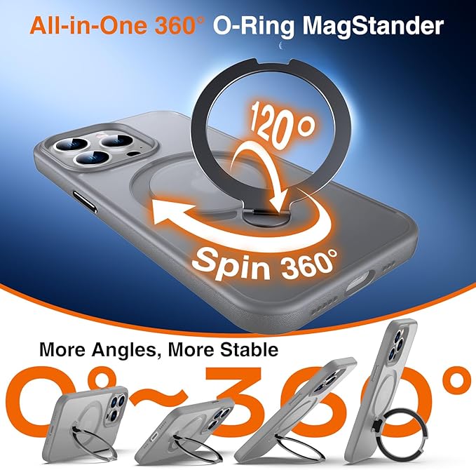 360° O-Ring MagStander for iPhone 14 Pro Case with Magnetic Kickstand Ring Holder [Compatible with MagSafe][360°Rotate Stand Ring][Military Shockproof] iPhone 14 Pro Phone Cover Matte Grey
