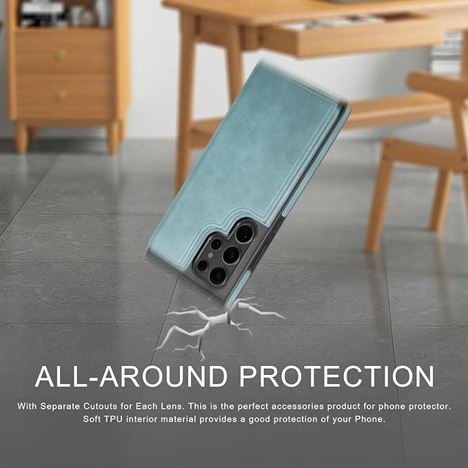 DJDUCK Designed for Samsung Galaxy S25 Ultra Case Wallet with Card Holder, [Magnetic Clasp Cover] [RFID Blocking Leather Protection] Shockproof Women Men Cases for Samsung S25 Ultra Sky Blue