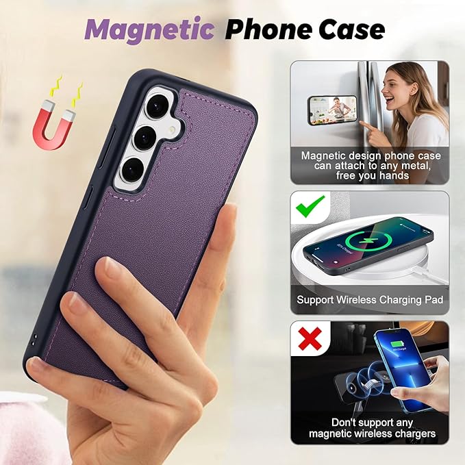TwoHead for Samsung Galaxy S24 Wallet Case with Card Holder,Detachable Magnetic Phone Case for Galaxy S24,PU Leather Shockproof Protective Phone Cover Wallet with Wrist Strap(6.1 in,Deep Purple)