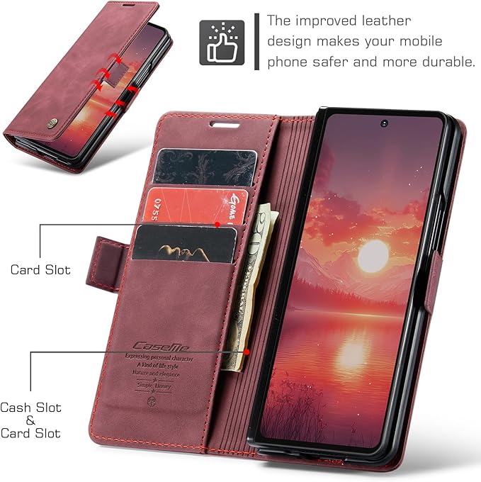 Wallet Case for Samsung Galaxy Z Fold 7 Leather Wallet Flip Cover with Card Holder, Kickstand, Magnetic Closure, RFID Blocking TPU Shockproof Phone Case Compatible with Galaxy Fold 7, Red