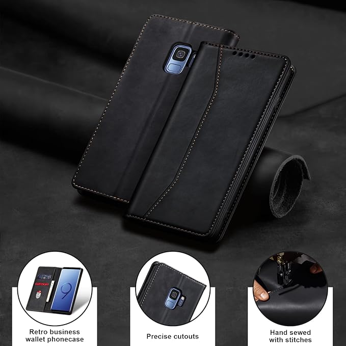 Jasonyu Flip Wallet Case for Samsung Galaxy S9,Leather Magnetic Folio Cover with Card Holder,Kickstand - TPU Shockproof Durable Protective Phone Case,Black