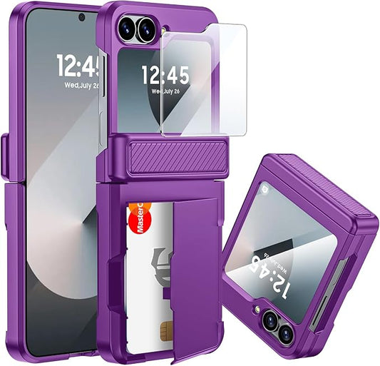 CENMASO for Samsung Galaxy Z Flip 6 Case/Z Flip 7 FE Case with Card Holder [RFID Blocking] & Hinge Protection & Screen Protector, Full-Body Shockproof Phone Case for Z Flip 6/Z Flip 7 FE-Purple
