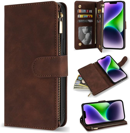 ZZXX For iPhone 14 Plus Case Wallet With [RFID Blocking] Card Slot Premium Soft PU Leather Zipper Flip Folio With Wrist Strap Kickstand Protective Cover For iPhone 14 Plus Wallet Case(Coffee-6.7 inch)