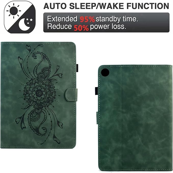 Mandala Flower Case Compatible with Galaxy Tab A9+ Plus 11 Inch 2024 2023 (SM-X210/X216/X218), Cute Elegant Embossed Suede Leather Folio Stand Case Protective Cover with Auto Wake/Sleep, Vintage Green