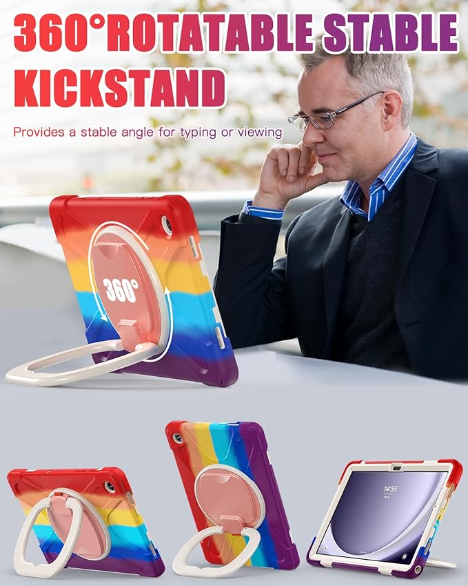 BRAECN Case for Samsung Galaxy Tab A9+ Plus 11” 2023 SM-X210/X216/X218-Heavy Duty Rugged Silicone Cover with Screen Protector, 360 Degree Rotating Stand, Stable Kickstand, Shoulder Strap, Colorful Red