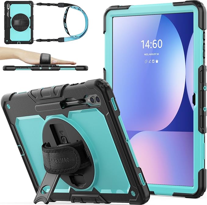 SEYMAC stock Case for Samsung Galaxy Tab S10 Ultra / S9 Ultra Tablet Case 14.6'' Protective with Screen Protector, Pen Holder, 360 Rotate Stand, Hand Strap, Shoulderr Strap, SkyBlue1