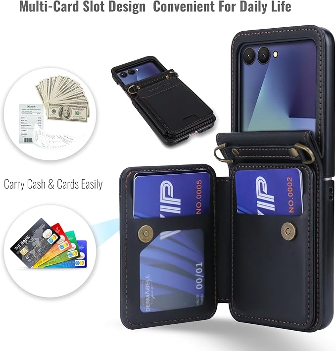 ASAPDOS for Samsung Galaxy Z Flip 7 PU Leather Wallet Phone Case with Card Slots (Holds 5 Cards), Anti-Drop Protection, Wrist & Shoulder Strap Black
