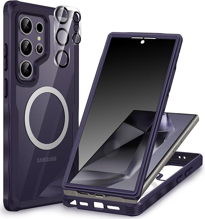 CENHUFO Magnetic Privacy for Samsung Galaxy S24 Ultra Case, Full Body Phone Case with Built-in Privacy Screen Protector and Camera Lens Cover, Anti Peep Shockproof Protective Clear Bumper - Purple