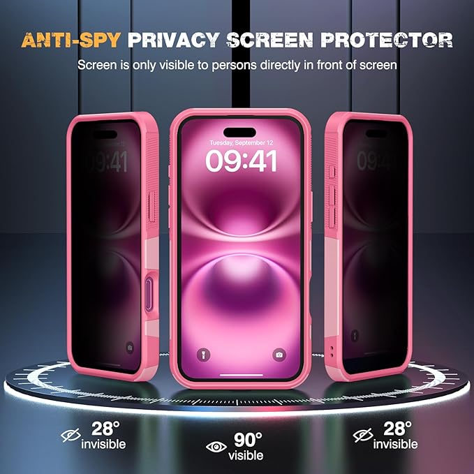Diaclara Magnetic for iPhone 16 Plus Case, [with Privacy Screen Protector] [Anti Spy] [Military Grade Drop Protection] Heavy Duty Full-Body Shockproof Phone Case, Magnetic Pink
