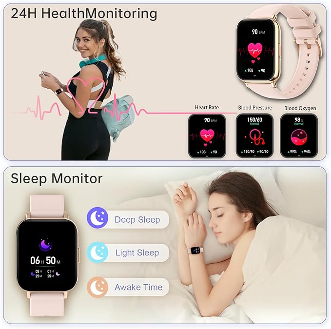 Smart Watch for Women(Answer/Dial Calls) 1.85" HD AI Voice Smartwatch with Fitness Tracker/Step Counter/Heart Rate Sleep Monitor, 120+ Sports Modes, IP68 Waterproof for Android/iOS, Pink/2 Bands