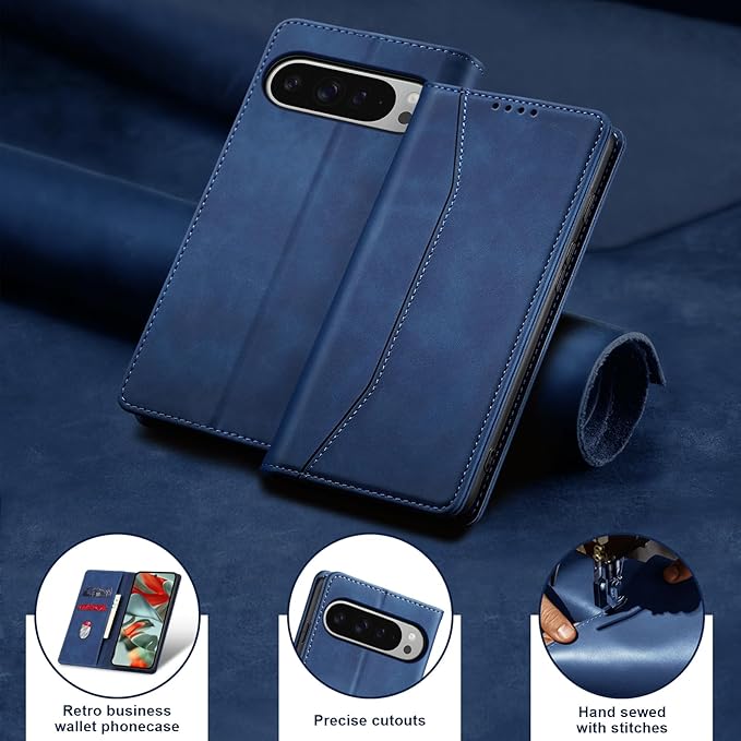 Jasonyu Flip Wallet Case for Google Pixel 9 Pro XL,Leather Magnetic Folio Cover with Card Holder,Kickstand - TPU Shockproof Durable Protective Phone Case,Blue