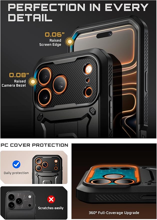 SUPCASE for iPhone 17 Pro Max Case with Camera Control Button (Unicorn Beetle Pro), [Built-in Kickstand & Screen Protector] [Military-Grade Protection] Full Body Heavy Duty Phone Case, Black
