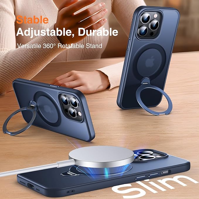 360° O-Ring MagStander for iPhone 14 Pro Case with Magnetic Kickstand Ring Holder [Compatible with MagSafe][360°Rotate Stand Ring][Military Shockproof] iPhone 14 Pro Phone Cover Matte Blue