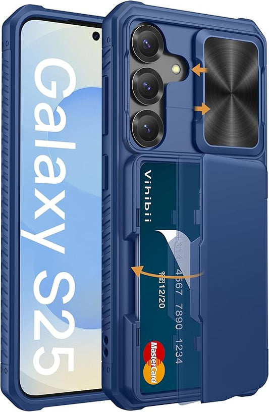 Vihibii for Samsung Galaxy S25 Case with Card Holder (4 Cards), [RFID Blocking] & Slide Camera Cover & Raised Edges Protect Screen, Shockproof Rugged Phone Case for Samsung Galaxy S25 6.2", Blue