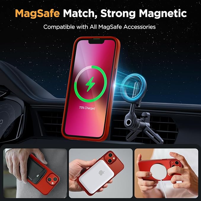 Miracase Magnetic for iPhone 14 Plus Case 6.7 inch (Compatible with MagSafe)（with 2X Screen Protectors） Military-Grade Protection, Anti-Fingerprint Translucent Matte Phone Case Cover, Red
