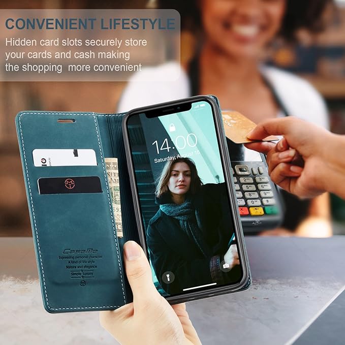 for iPhone XR 6.1-Inch Case, Flip Wallet Leather Case with Card Holder Magnetic Closure Shockproof Kickstand Protective Phone Cases Cover for iPhone XR, Blue-Green