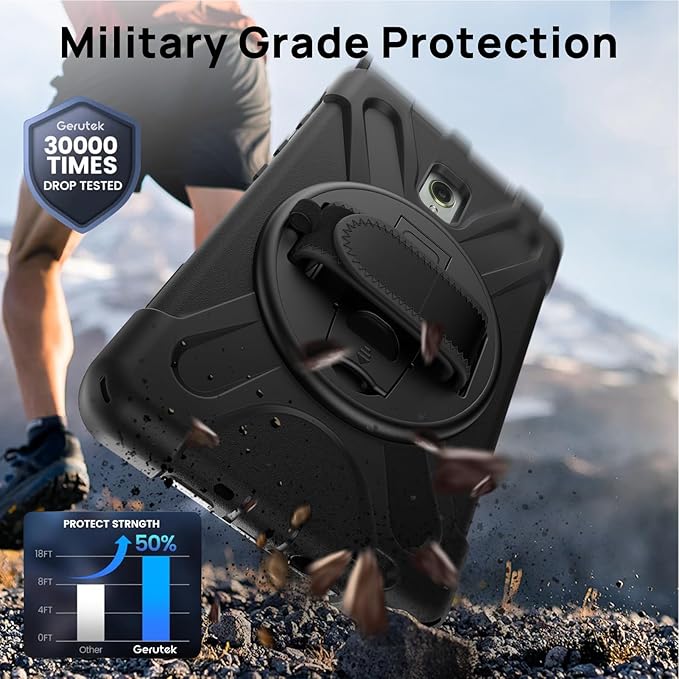 Gerutek Case for Samsung Galaxy Tab Active 5 2024/Active 3 2021 8 inch Tablet Case, Cover Protective Shockproof with Screen Protector, Pencil Holder, 360 Rotating Handle, Stand, Strap- Black