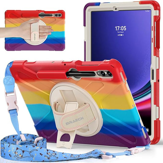BRAECNstock Kids Case for Samsung Galaxy Tab S10+ Plus/ S9 FE+ Plus/ S9+ Plus/ S8+ Plus/ S7 FE/ S7+ Plus 5G 12.4" Shockproof Protective Cover with Pen Holder Rotating Hand Strap & Stand - Colorful Red